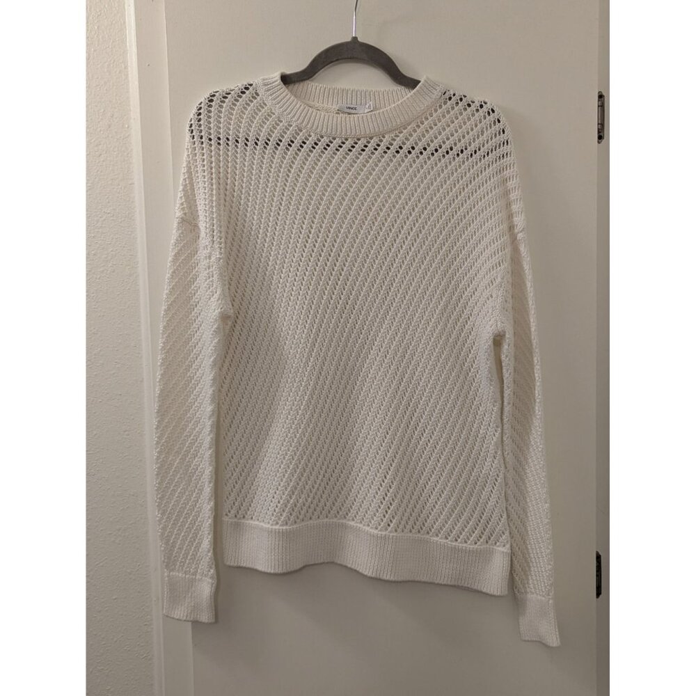 Vince Womens XS White Open Knit Cotton Sweater With Ribbed Cuffs & Hem